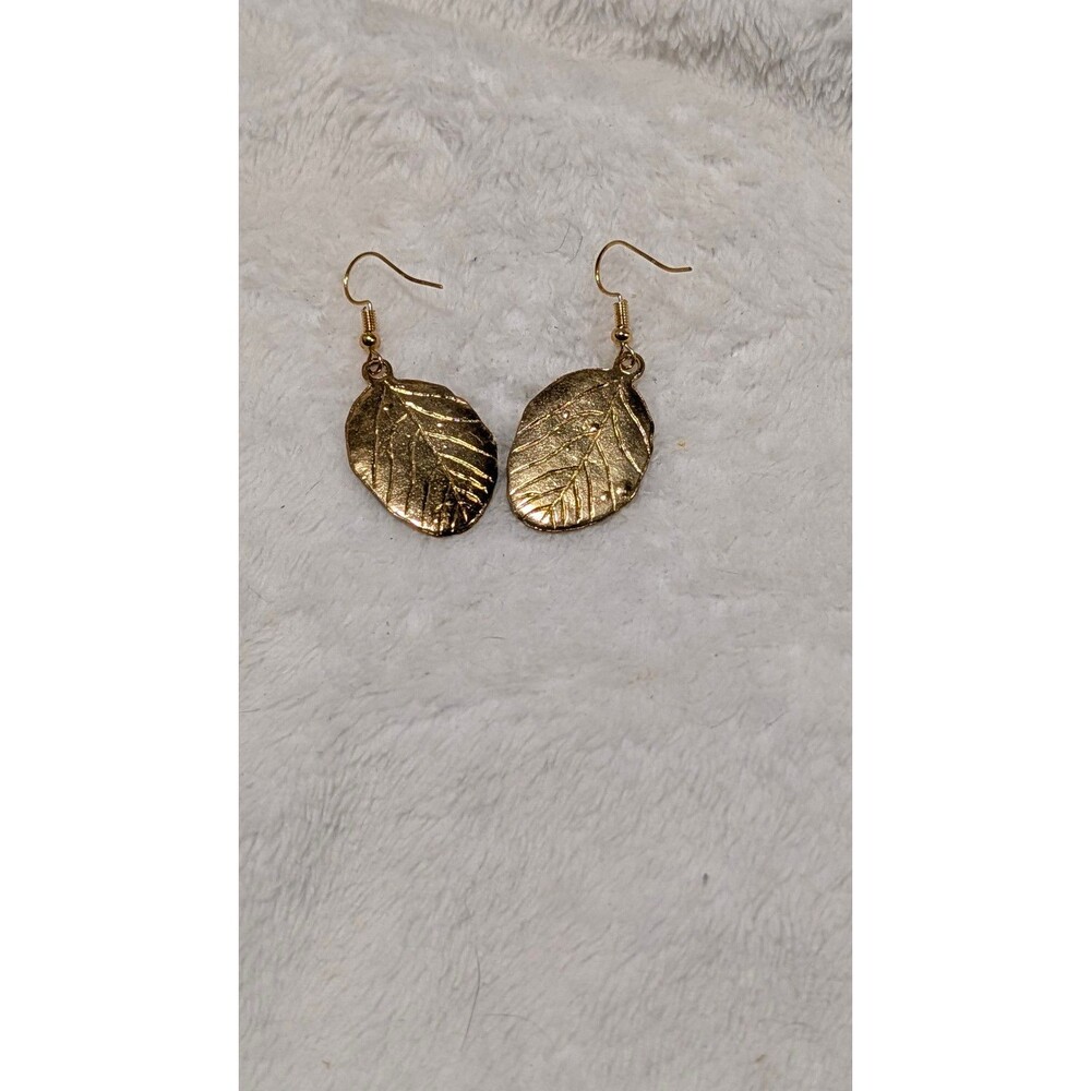 Gold-tone textured leaf drop earrings